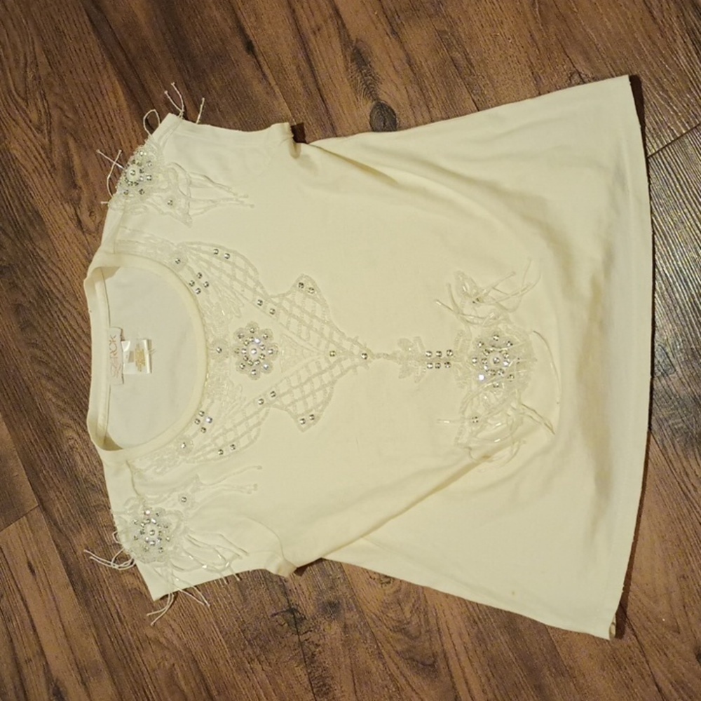 La Rok Cream Cap Sleeve Detailed Beaded Cotton Top A44